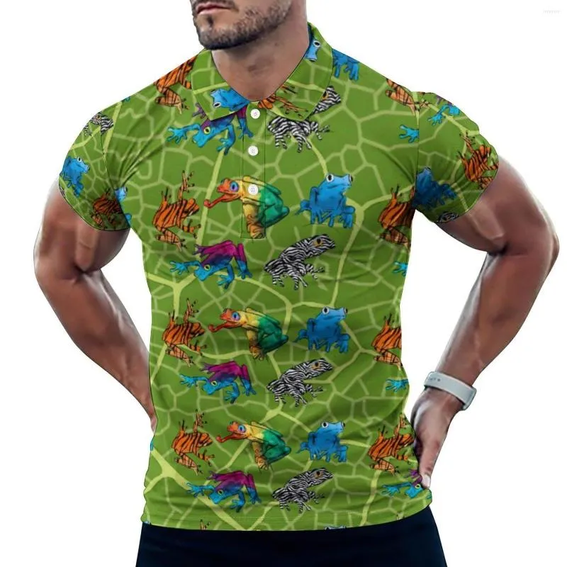 Herren Polos Frog Guide Lässige T-Shirts Six Raibow Frogs Poloshirts Mann Stilvolles Hemd Tag Kurze Ärmel Individuelles Top Große Größe