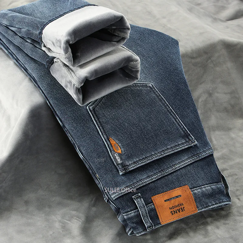 Heren jeans winter mannen fleece zakelijke stretch gemonteerd rechte denim cowboy student broek mannelijke klassieke dikke warme broek 230113