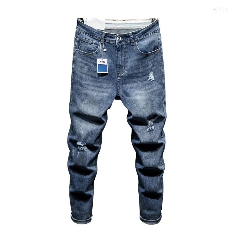 Jeans masculino 2023 primavera plus size tecido rasgado clássico vintage ajuste algodão jeans elástico calça de nove pontos vitalidade jovem