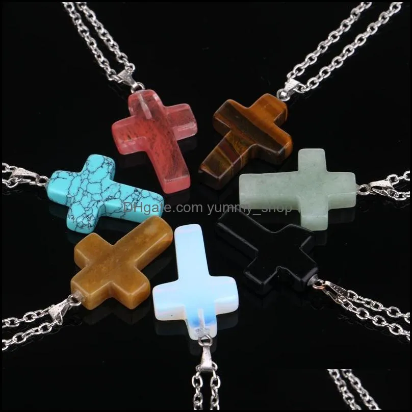 Hänge halsband mode kristna smycken ädelsten rock crystal quartz chakra naturlig sten Jesus korsar charm älskare halsband drop otrqq