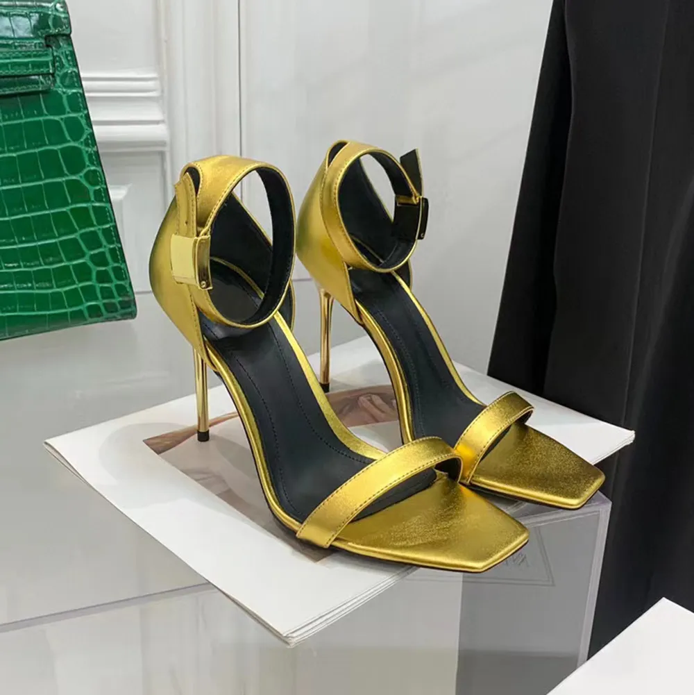 sandali con tacco a spillo dorati scarpa da donna 105mm moda tacco in metallo pompe in vera pelle scarpe da sera cinturino con fibbia in vera pelle tacchi firmati di design di lusso
