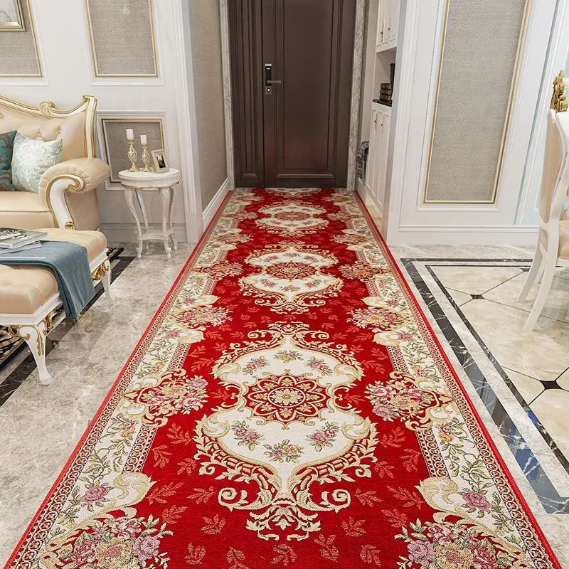 Tapis Style européen Tapis de luxe Tapis de couloir rouge Tapis de chambre Décor El Escaliers Allée Jacquard Tissage Cuisine Lavable