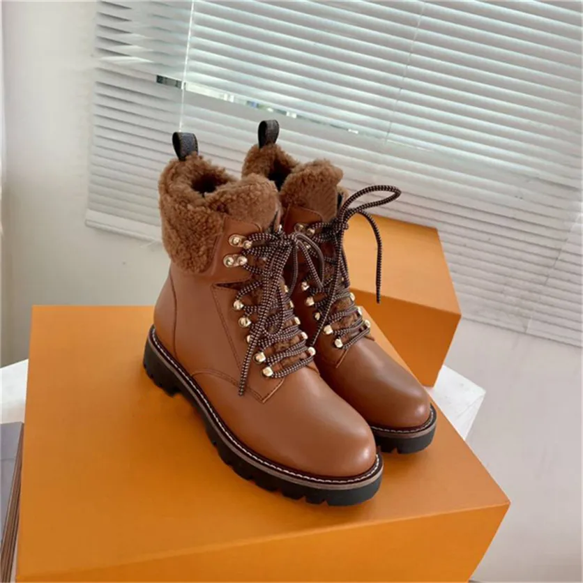 Luxe Designer 23FW Territory Platte Ranger Boots Kalfsleer en Shearling Rubber Loopzool Chunky Winter Martin Boot Sneakers Met Originele Doos