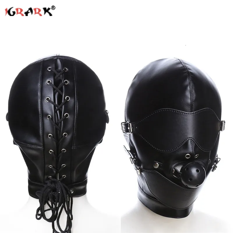 Bondage BDSM Sex Mask Fetish Hood with Gags Leather Sensory Deprivation Adult Slave Games Full Head Toys for Women Men 230113