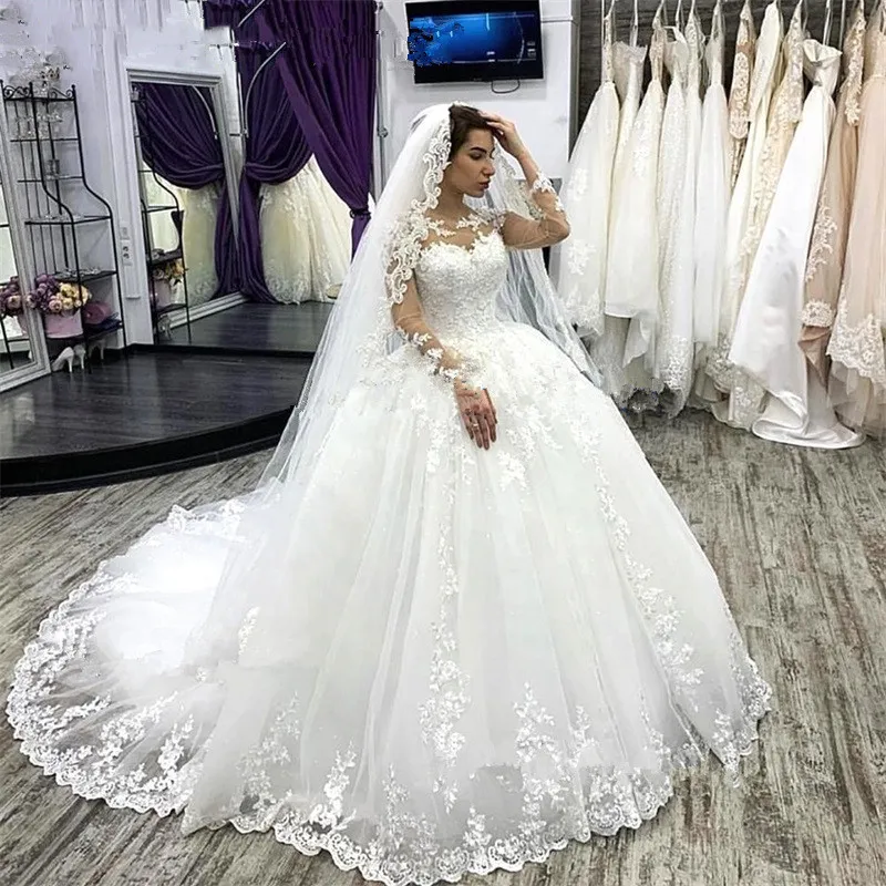 Vestidos de bola de mangas compridas de tamanho longo vestidos de noiva Robe de Mariee 2023 Apliques de renda vestidos de noiva vestido de novias