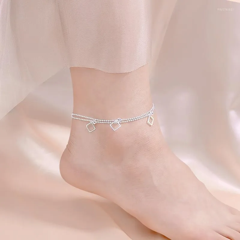 Anklets Women's Square Anklet Korean Style Fashion All-Match925 Silver Plated二重層の小さな新鮮