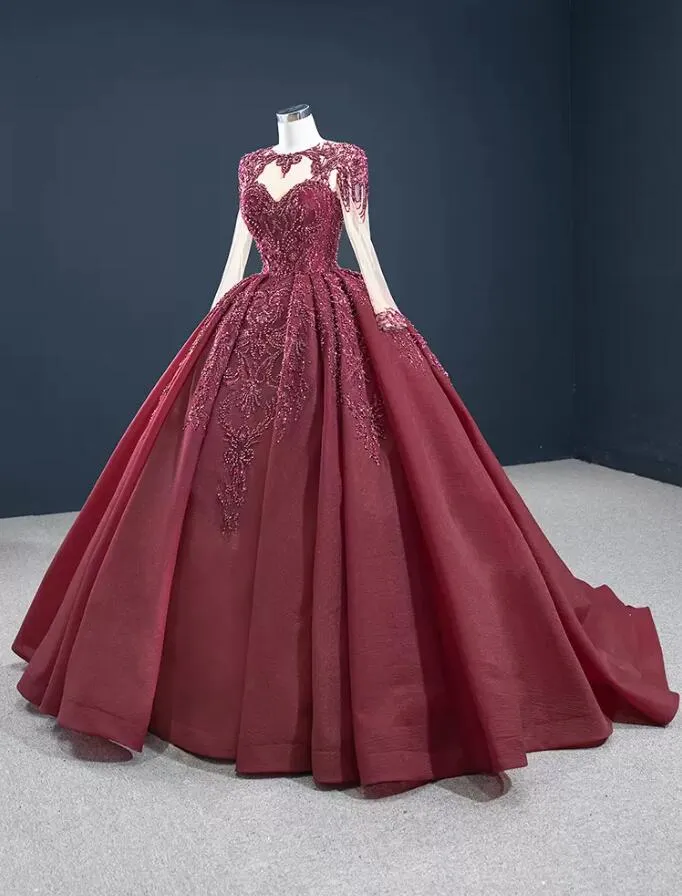 Gothic Burgundy Wedding Dresses Long Sleeve Beaded Laced Corset Bridal Gowns