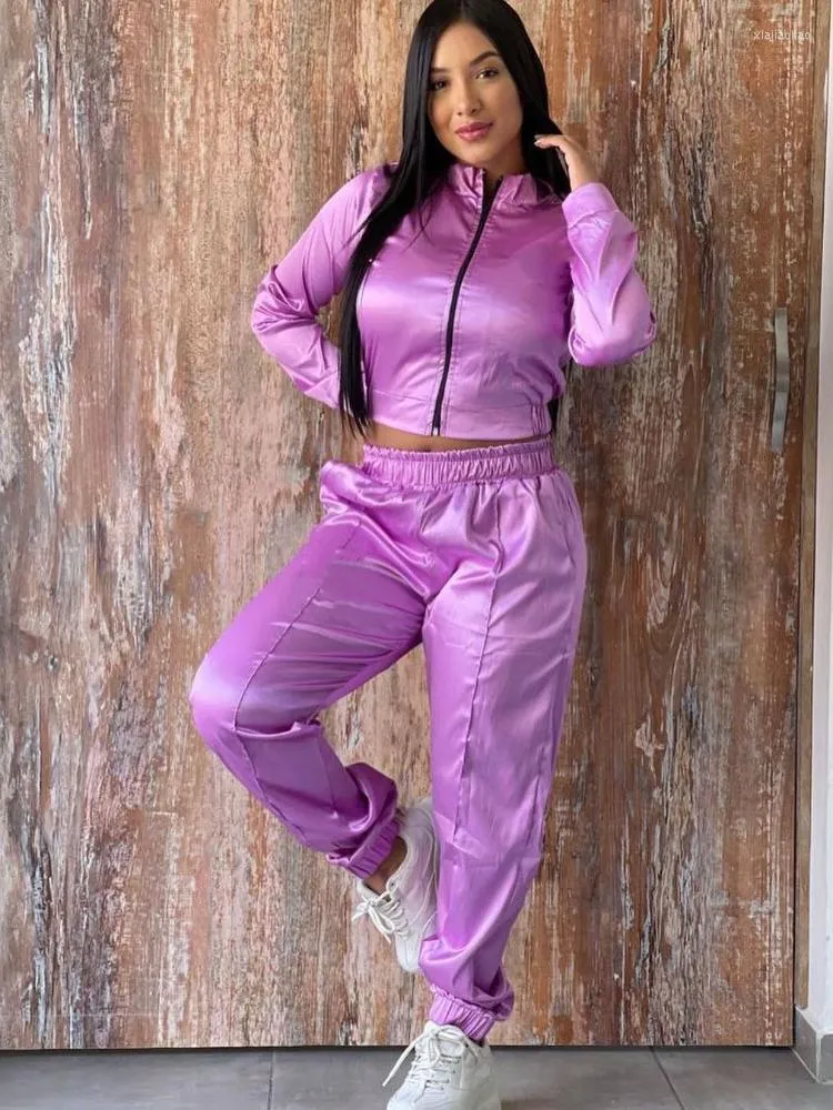 Women's Two Piece Pants WUHE Satin Women Sportsuit Long Sleeve Zipper Track Jacket And Jogger Suit 2 Set Outftis Active Tracksuit