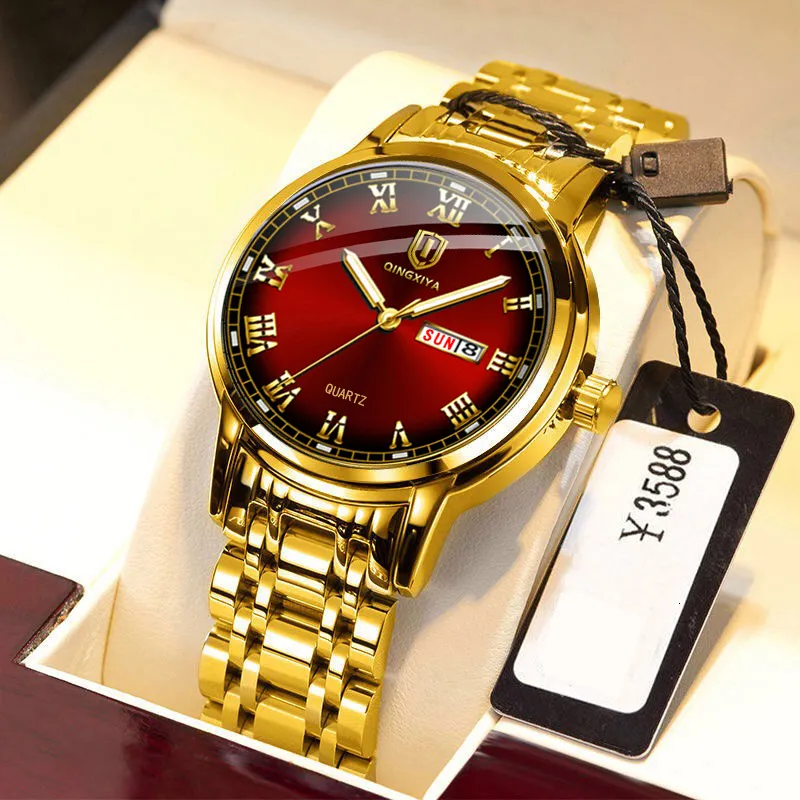 Orologi da polso QINGXIYA Top Brand di lusso in oro rosso orologio al quarzo da uomo in acciaio inossidabile luminoso orologi impermeabili settimana calendario business orologio da uomo 230113