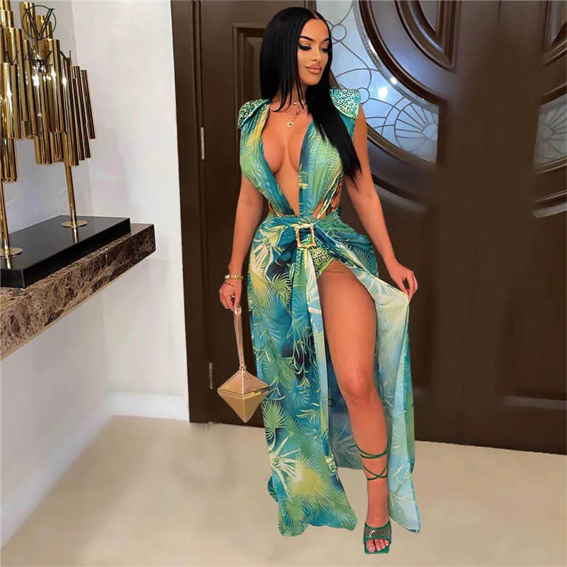 Two Piece Dress 2022 Women Fashion New Sexy Holiday Style Sets Sleeveless Deep V Jumpsuits Floor Length Skirt Printed Two Piece Sets T230113