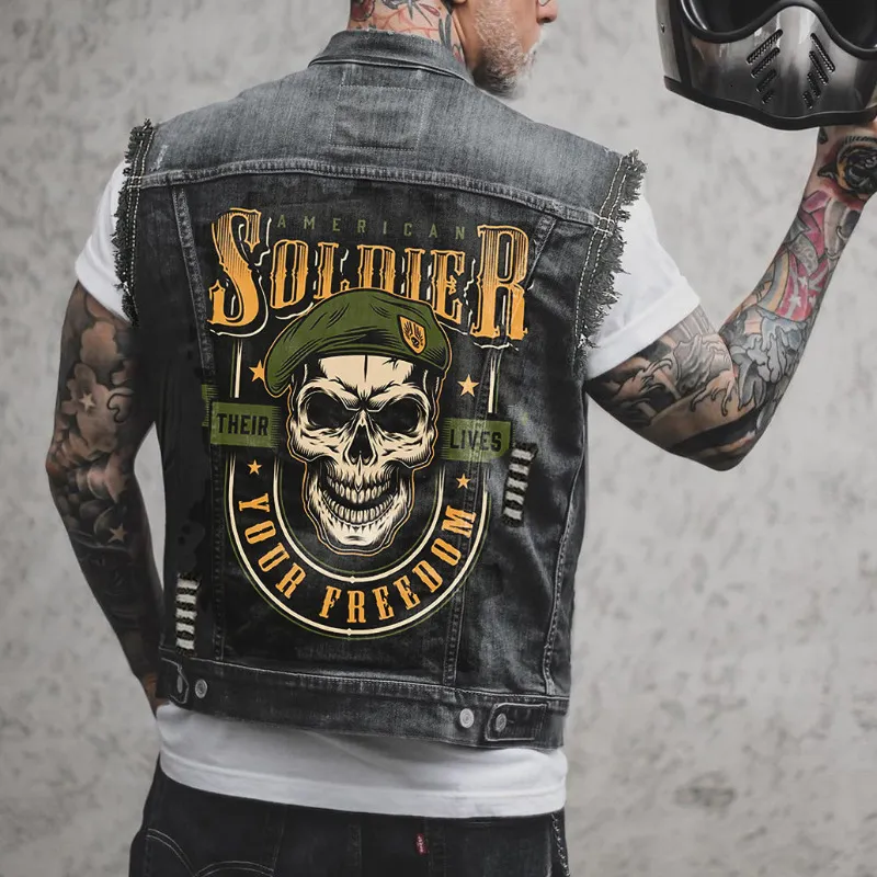 Mens Skull Denim Vest - Biker Punk Rock Sleeveless Jean
