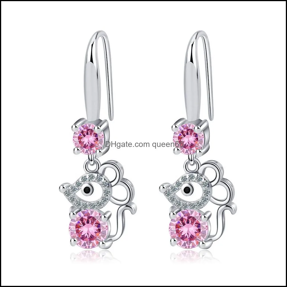 Charme S925 Stamp Sier Plaqué Boucles d'oreilles Cut Mouse Charms Bleu Rose Blanc Zircon Boucle d'oreille Bijoux Brillant Cristal Cerceaux Piercing Pour Femmes Dhx8I