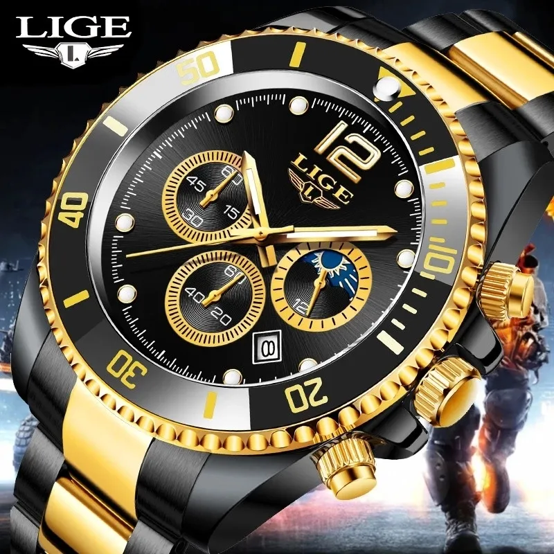 Нарученные часы Lige Watch Mens Top Brand Luxury Clock Casual из нержавеющей стали 24 -часовая фаза луны Мужчины Спортивный Водонепроницаемый кварцевый хронограф 230113