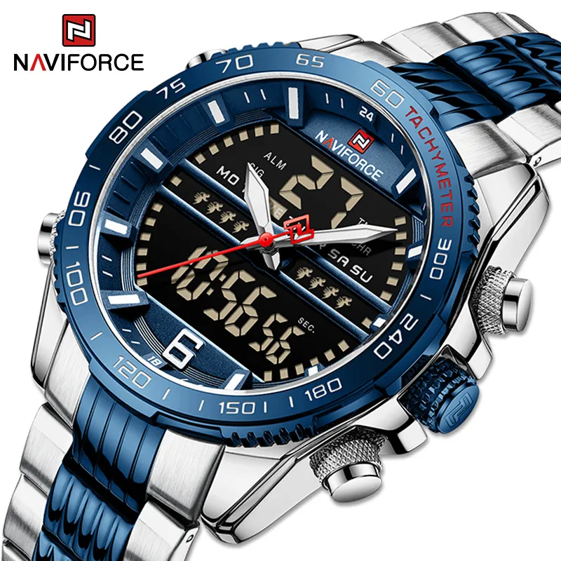 Нарученные часы роскошный бренд Naviforce Digital Sport Watch для мужчин Стальные водонепроницаемые хронографские часы мода светящиеся кварцевые запястья часов