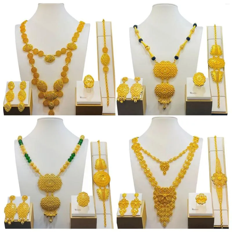 Necklace Earrings Set 24k Gold Plated Dubai Saudi Jewelry Bridal Wedding Rings Bracelet African