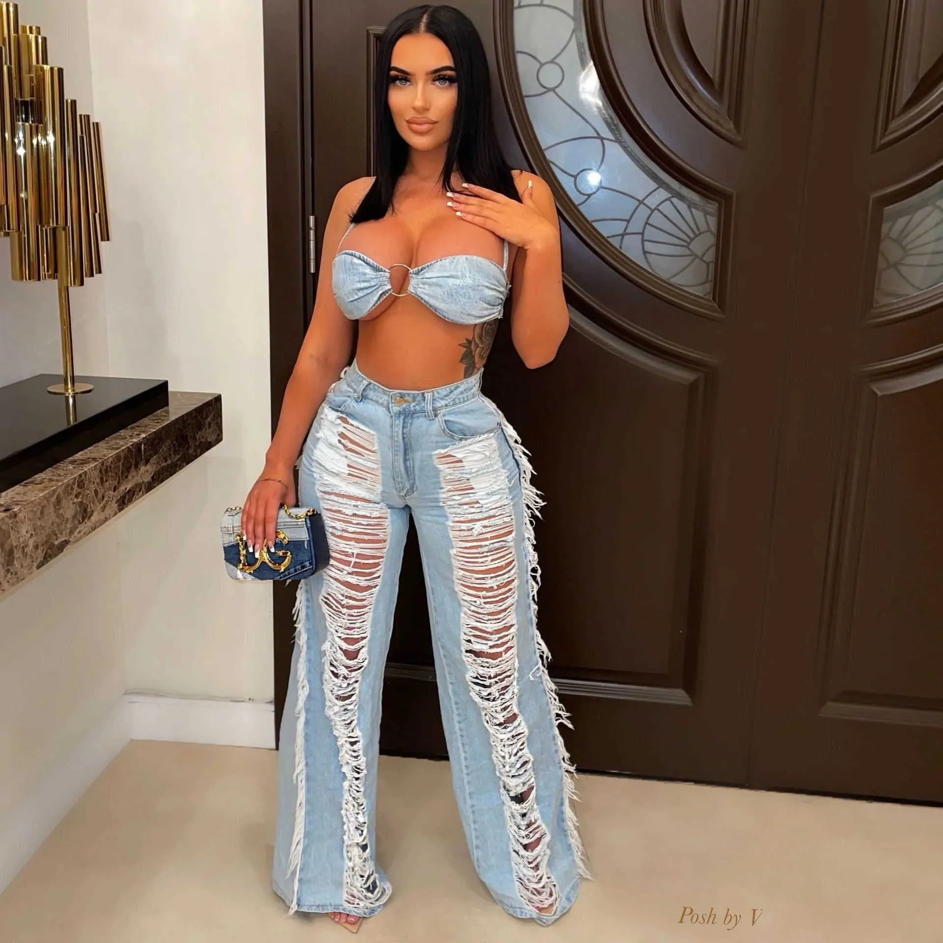 Two Piece Dress Echoine New Sexy Denim Two Piece Set Lace Up Ring Bra Top Hollow Out Hole Tassel Jeans Summer Party Night Clubwear Outfits T230113