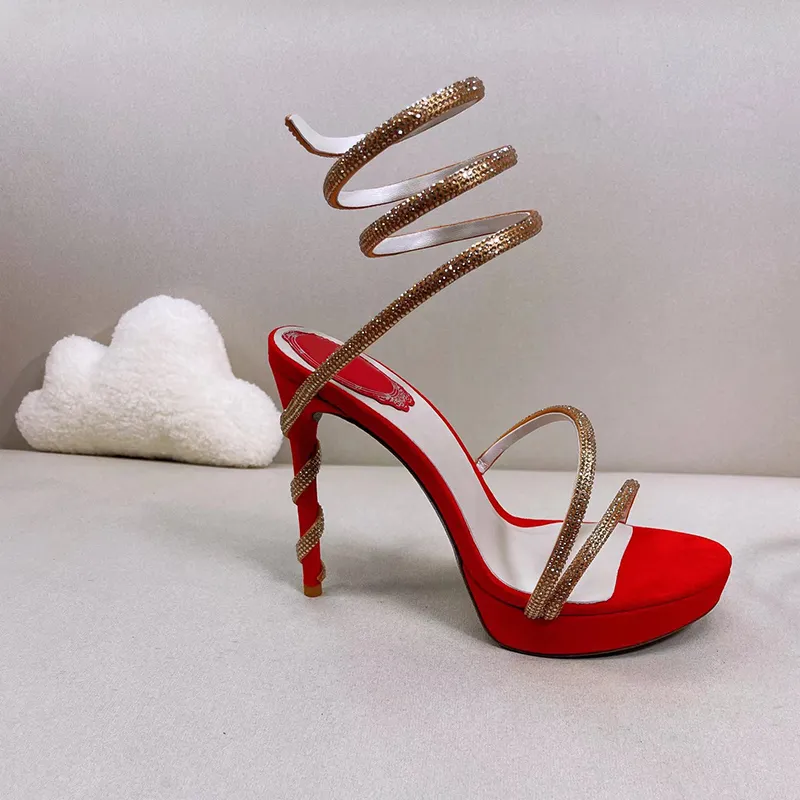 Kvinnors stiletto h￤l sandaler plattform sandaler mode lyxdesigner 13 cm kl￤nningskor satin ormformad spiral roston fest br￶llopssko 35-43
