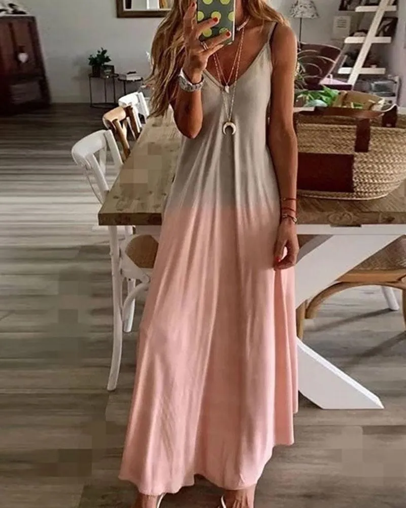 Casual klänningar 6 färger kvinnor sommar hem slitage v hals färgblock gradient sexig maxi lång sundress klänning överdimensionerad strandsemester