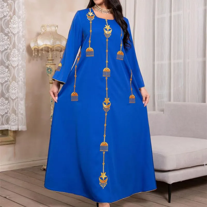 Robes Décontractées Dessins Animés Brodé Surdimensionné Abaya Robe Pour Les Femmes Caftan Marocain Turquie Arabe Jalabiya Bleu Robe Ethnique Islamique 2023 Eid