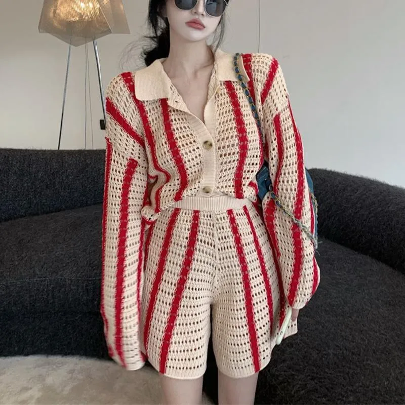 Survêtements femmes survêtement femmes Vintage tricoté deux pièces ensemble 2023 automne lâche Cardigan manteau Shorts ensembles mode décontracté 2 pantalons costumes