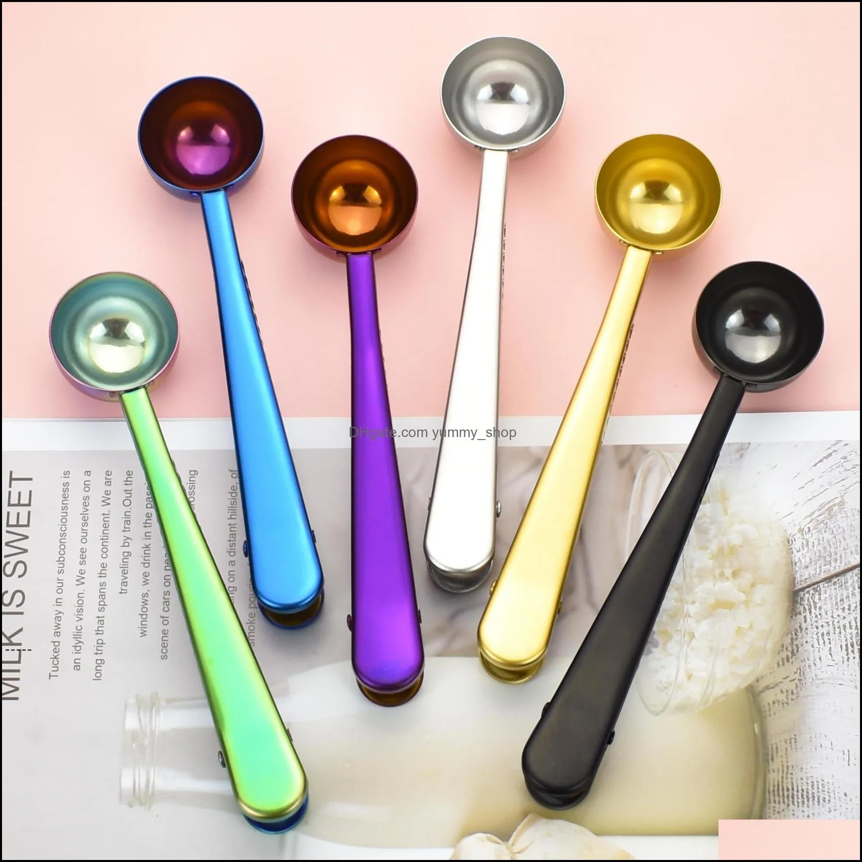 Spoons Newstainless Steel Coffee Measuring Spoon With Bag Seal Clip Mtifunction Jelly Ice Cream Fruit Scoop Kitchen Accessories Drop Ot8Xh