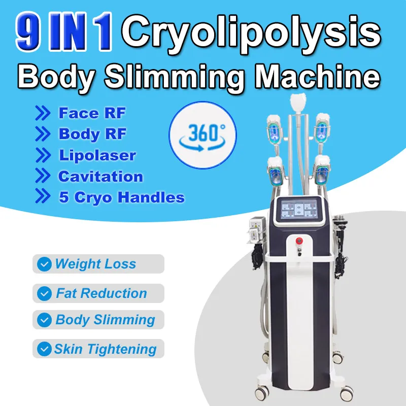 Ny 9 i 1 Cryoskin Machine Cryo Fat Freezing Anti Cellulite Cavitation Lipolaser Viktminskning RF Dubbelhaka Borttagning Skin åtdragningsenhet Salong Hemanvändning