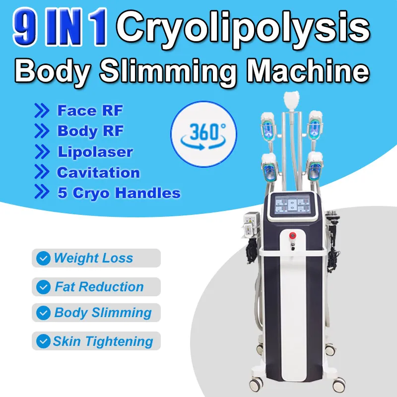 CRYO 360ﾰ Cryolipolysis Fat Freeze Body Slimming Machine Eliminación de peso 9 EN 1 Cavitación RF Lipolaser Anti Celulitis Antiarrugas Estiramiento facial Salón Uso en el hogar