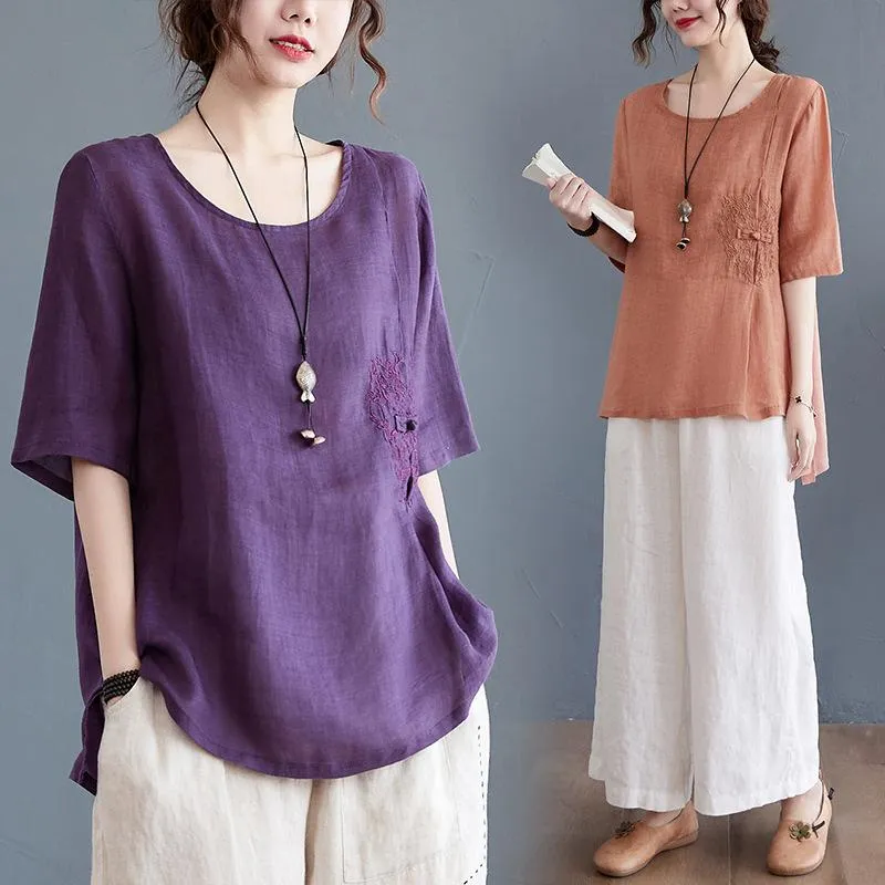 Ethnic Clothing 2023 Women Chinese Traditional Style Tops Cotton Linen Loose Blouses Female Vintage Buckle Embroidery Hanfu Shirts Tang Suit