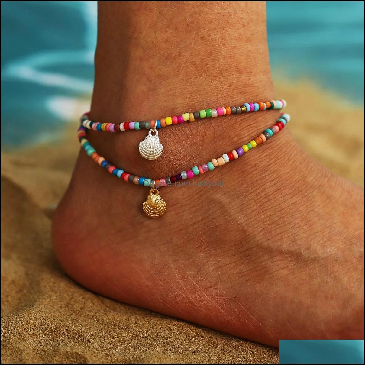 Anklets Selling Summer Bohemian Style Color Beaded Anklet Retro Alloy Scallop Pendant Foot Chain Drop Delivery Jewelry Otv58