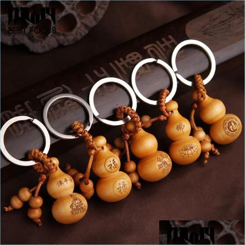 Sleutelhangers Lanyards Chinees Traditioneel Geluk Kalebas Sleutelhanger Schattig Mini Perzikhout Sleutelhanger Wishf Lucky Hanger Autosleutels Ornamen Dhijf