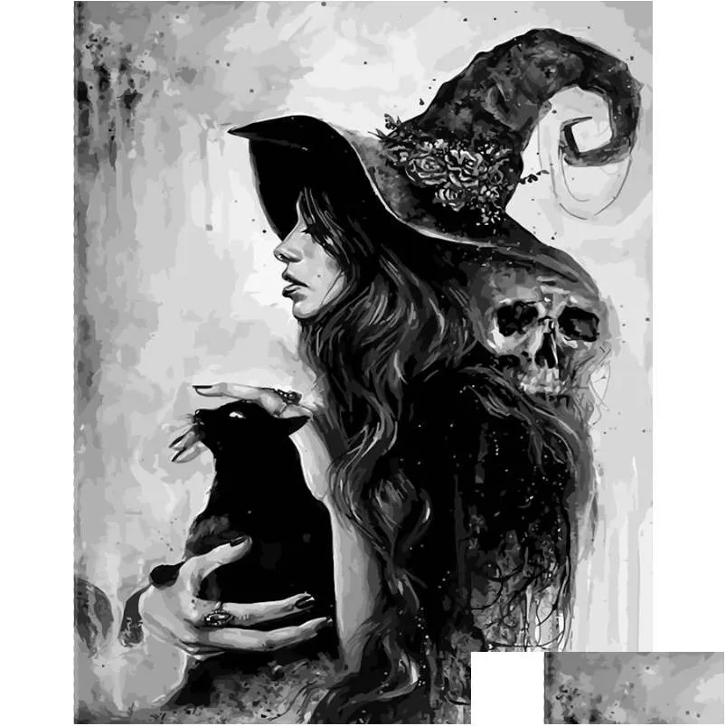 絵画amtmbs抽象的な黒と白の魔女猫diy絵画キャンバスの写真壁アート数の装飾ドロップデビューdhx9b