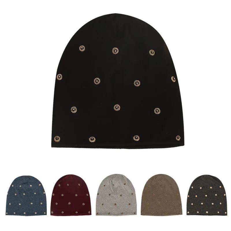 Beanies Beanie/Skull Caps Women Fashion Bead Accessories Baggy Skullies Hoeden Zachte elastische vaste kleur Gebreide Casual katoenen warme motorkap