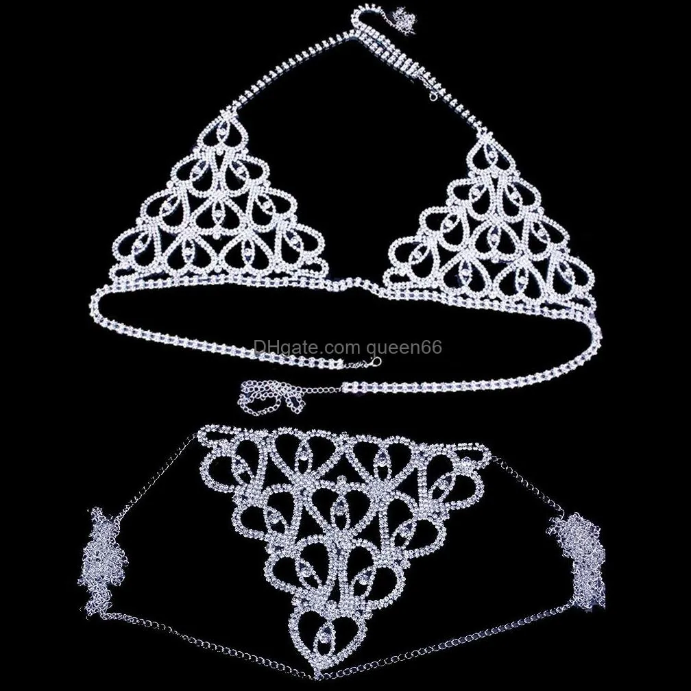 Bauchketten Frauen Herz Strass BH Körper Brustkette Zubehör Kristall Schmuck Transparent Tanga Höschen Unterwäsche 49 E3 Drop D Dhxom