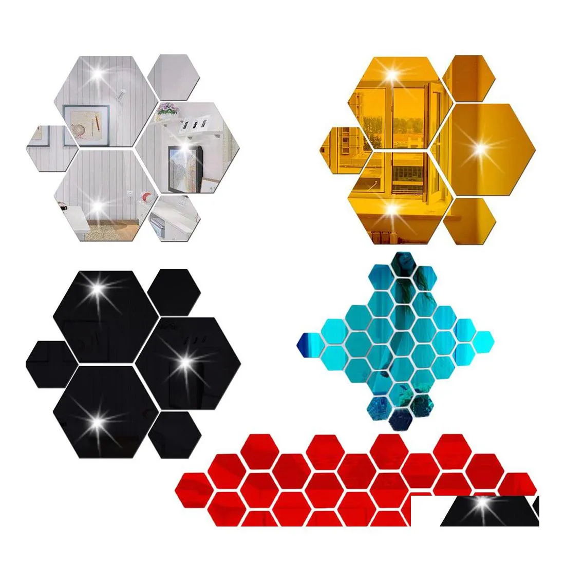 Stickers muraux bricolage miroir hexagone décor à la maison acrylique carrelage papier peint décoration autocollant mural amovible chambre art ornement 12 pièces/ensemble Dr Otse6