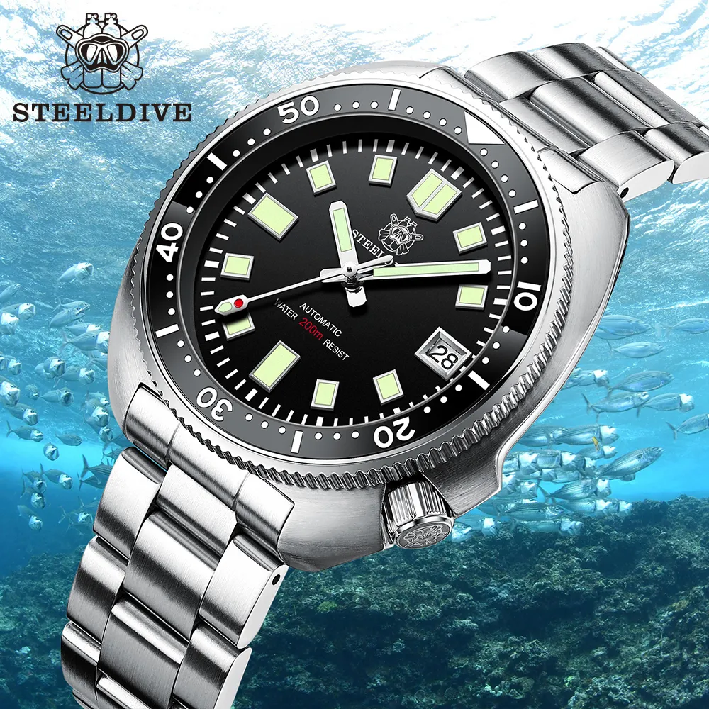 Zegarki na rękę Steeldive SD1970 białe tło daty 200M wodoodporny NH35 6105 Turtle automatyczny zegarek nurkowy 230113