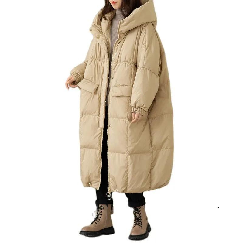 Kvinnors västar vinter kvinnor förlorar tjockare varm lång hoodie överrock mode överdimensionera huva vit anka ner stor mag byst ytterkläder 230112