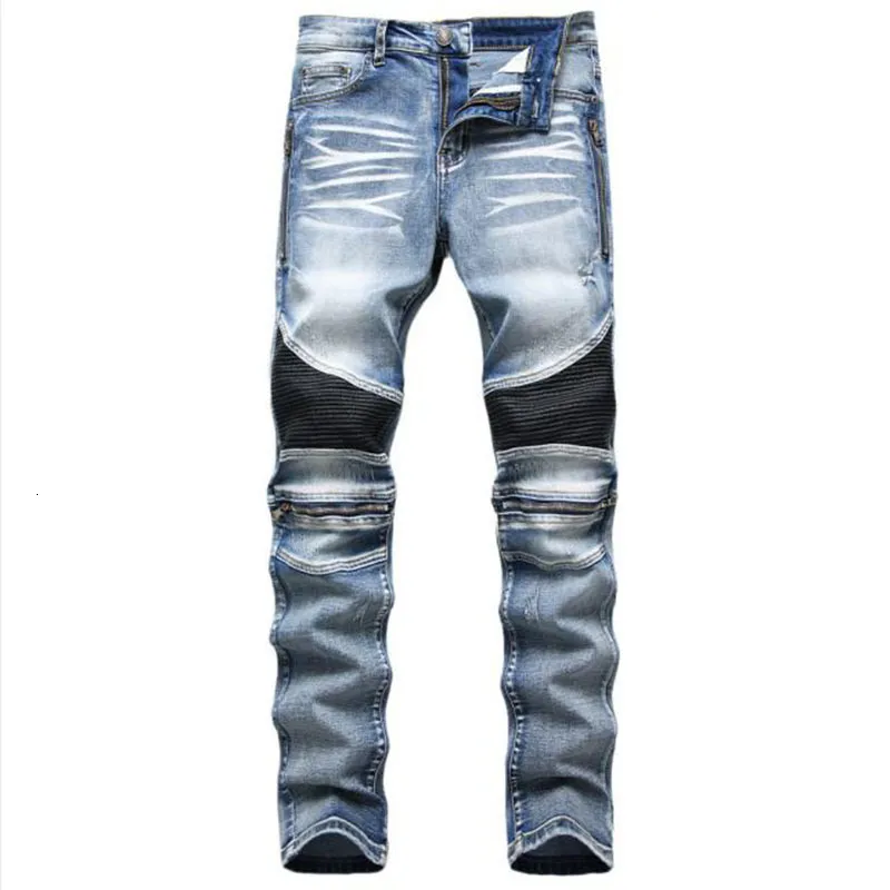 2021 New Fashion Mens Biker Jeans Slim Straight Zipper Autumn Men Desiger Washed Denim Pants Pleated Motorcycle Jeans Trousers