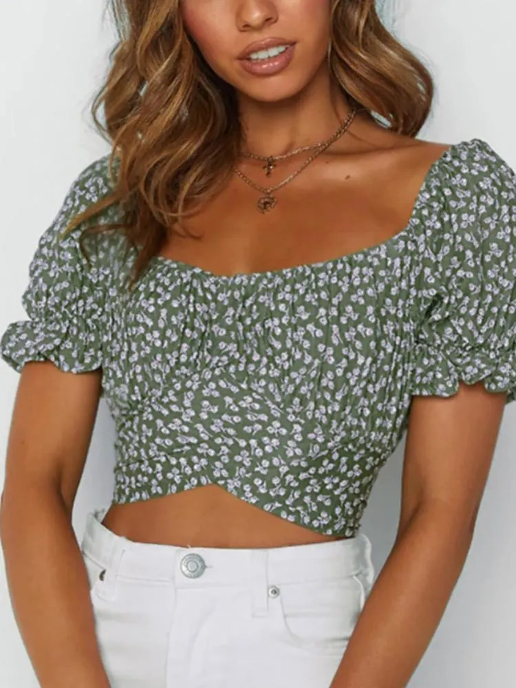 Chemisiers pour femmes Chemises Aachoae Chic Floral Print Ruffles Cropped Blouse Femmes Noeud Papillon À Manches Courtes Sexy Tops Col Carré Blouses D'étéW