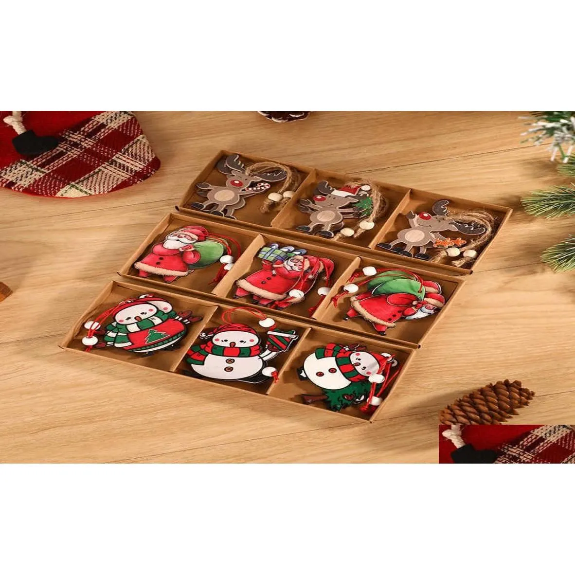 Weihnachtsdekorationen 2023 Neujahr Ornament Boxed Holzanhänger Baum Dekor Navidad Garland Noel Dekoration für Zuhause L220908 Drop D DHC0Y