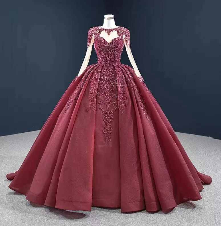 Burgundy Lace Ball Gown Gothic Wedding Dress with...