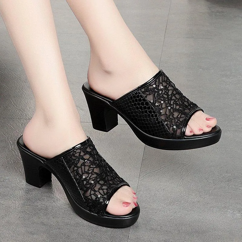 Slippers Summer Woman High Block Heels Platform Mules Talons Feminino Mesh PU Patchwork Luxury Chaussure Ladies Open Toe Shoes