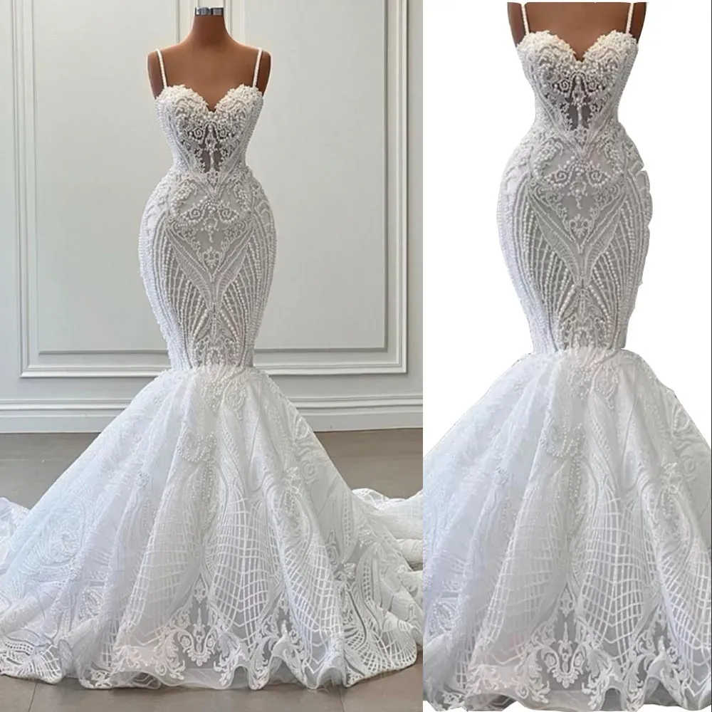 2023 Gorgeous Mermaid Wedding Dresses Bridal Gown Spaghetti Straps Lace Applique Beaded Sweep Train Custom Made Beach Country Plus Size vestido de novia
