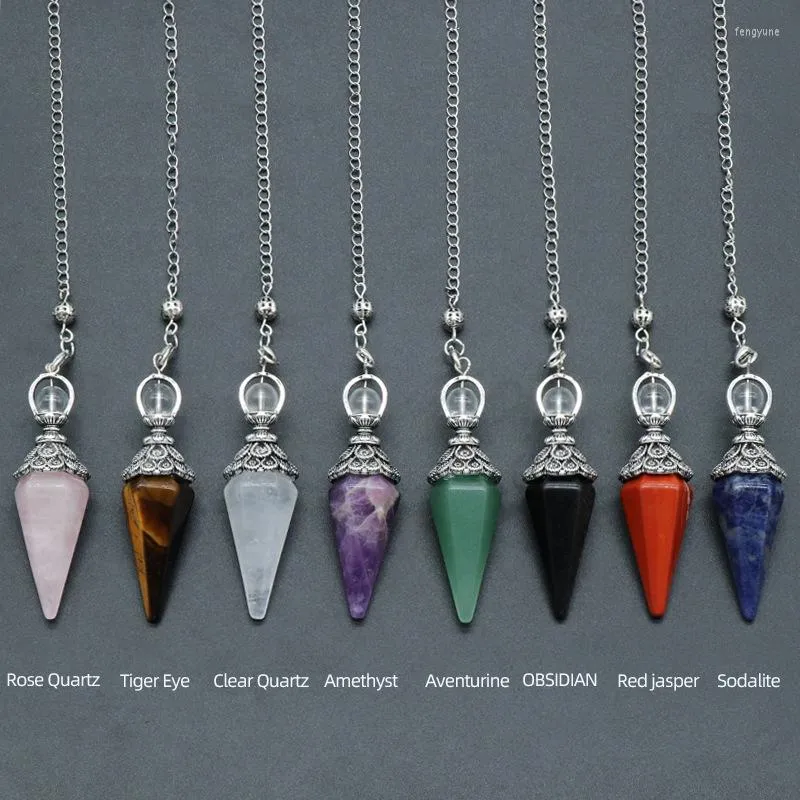 Pendant Necklaces Healing Pointed Natural Crystal Divination Pendulum Small Cone Tigereye Obsidian Pink Quartz Amethysts Dowsing Spiritual