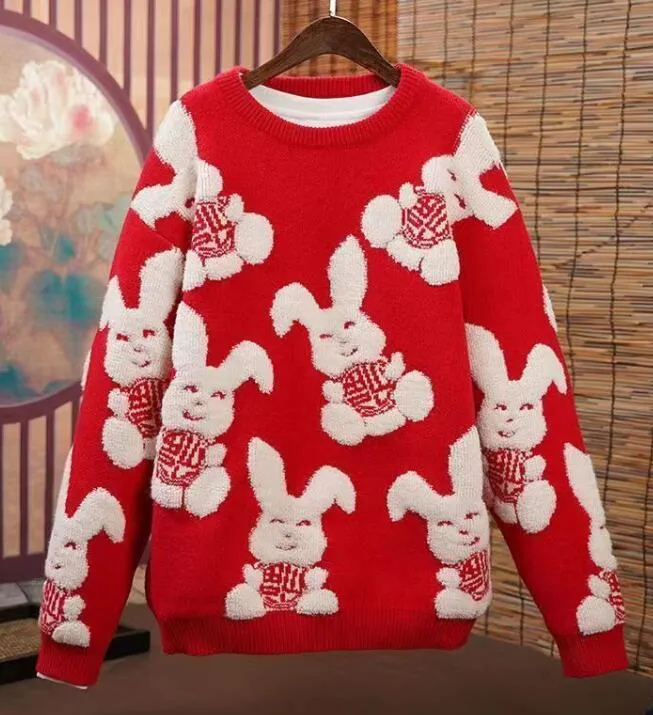 2023 Petit Lapin Blanc Pulls Américain Rétro O Cou Pull Garçons Automne Hiver Lâche Tricot Tendance Lettre Amoureux De La Broderie Pull Cool Punk Streetwear 220922