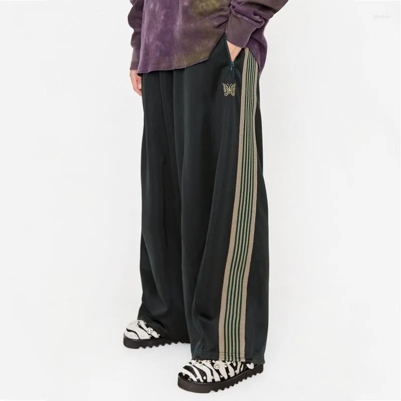 Calças masculinas Oversized AWGE Agulhas Calças de Perna Larga Homens Mulheres 1:1 Qualidade Sweatpants Bordado Borboleta Faixa