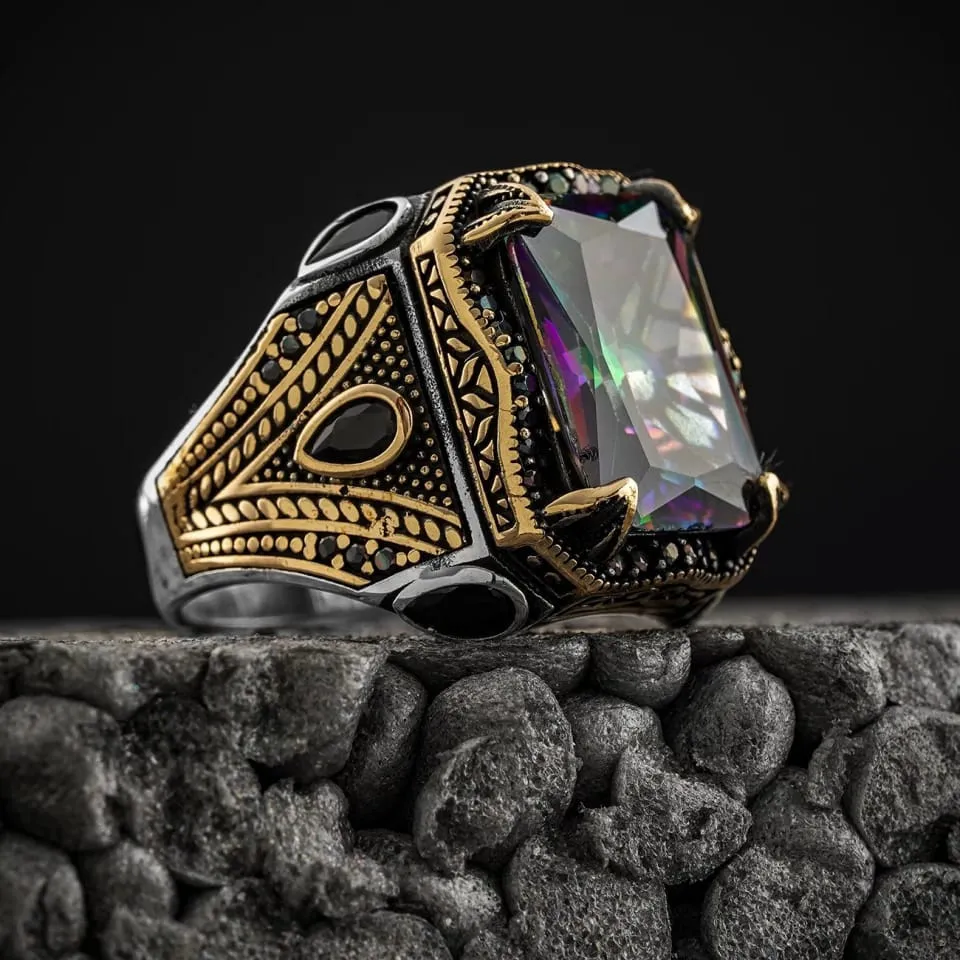 Anelli con sigillo turco fatti a mano retrò per uomo Anello aquila intagliato color argento antico Intarsio zircone mistico Nuovo anello motociclista punk