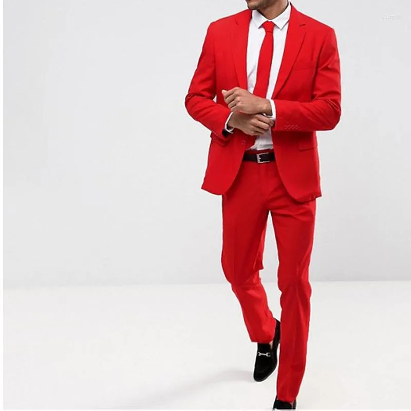 Herrar Slim Fit Red Casual Men Suit For Prom 2 Piece Wedding Tuxedo Custom Man Fashion Groomsmen kostymjacka med byxor