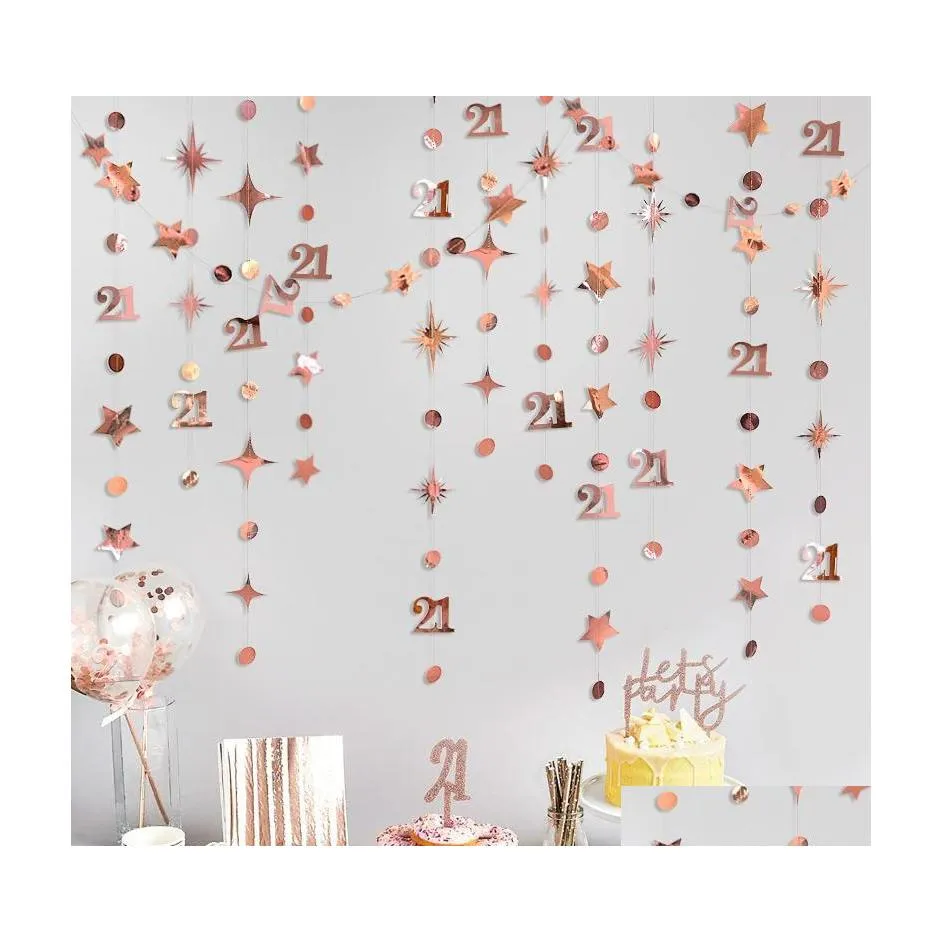 Party Decoration Rose Gold Number 21 Anniversary Supplies Circle Dot Twinkle Star Garlands Hanging For Girls 21st Birthday Drop Deli DHRF4