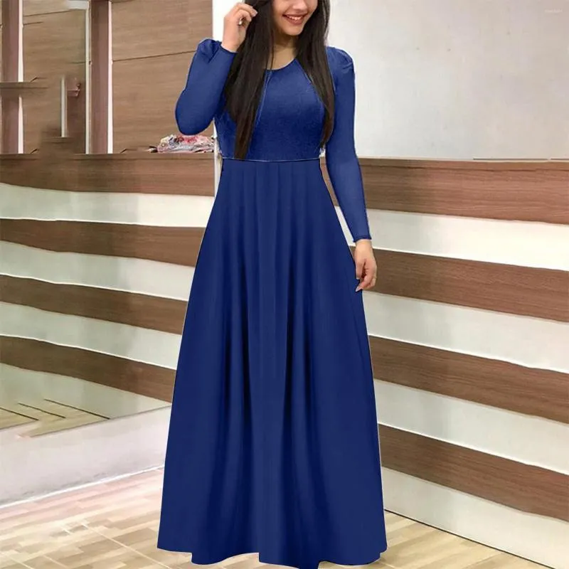 Casual Dresses Autumn Long Sleeve Dress Women's Round Neck Pleated Maxi Vestido Elegant Solid Color Evening Party