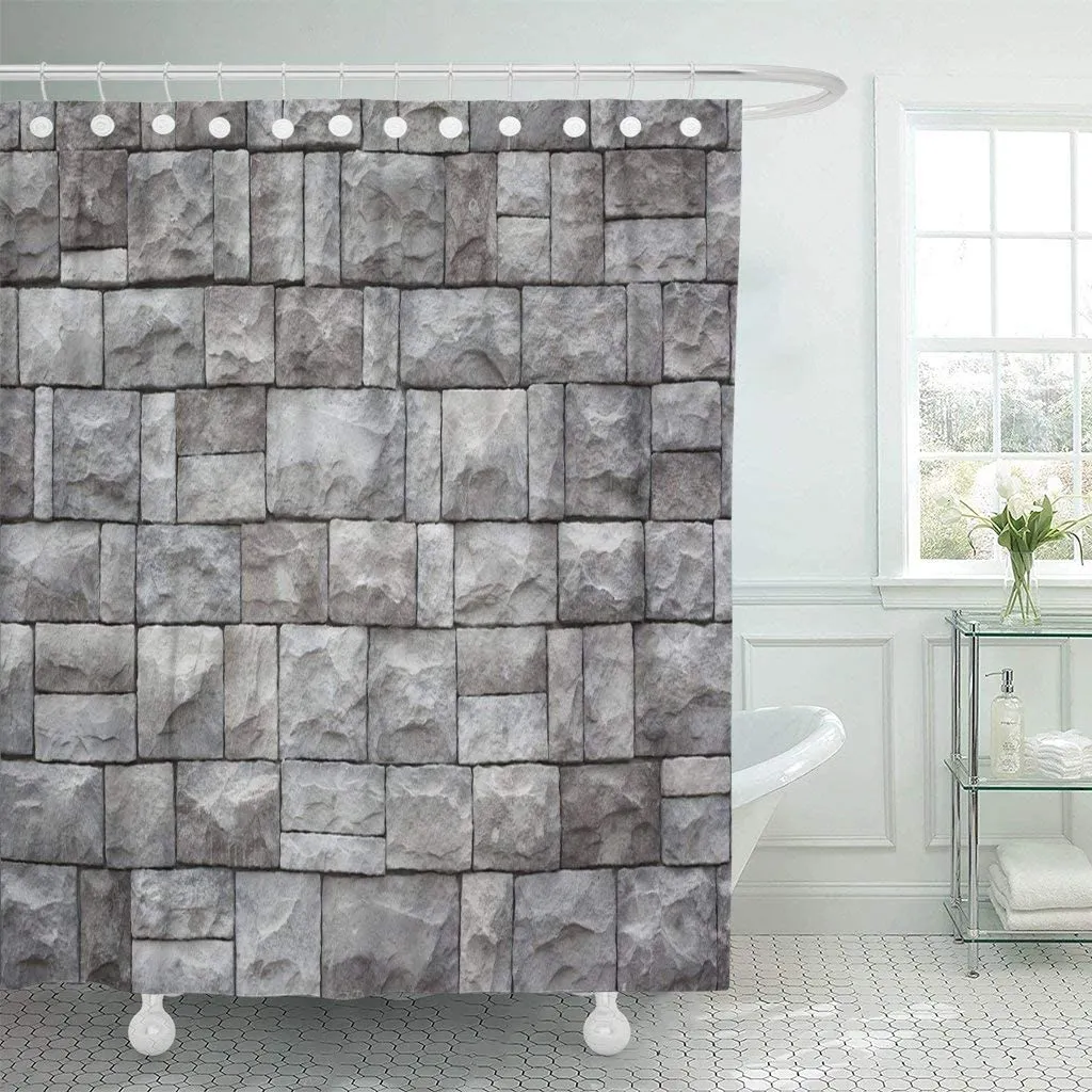 Abaysto gri kaya taş duvar eski tuğla mimar beyaz kale banyo dekor duş perdesi setleri kancalar polyester kumaş harika hediye